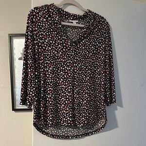Women's Black and Pink Heart Patterned Top, perfect for Valentine’s Day.
